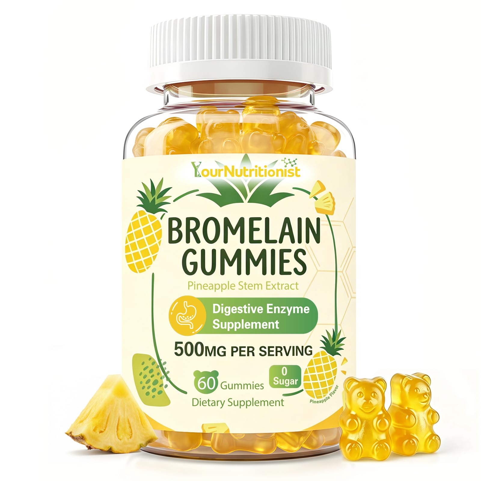 Your Nutritionist botella frontal mostrando gomitas y beneficios digestivos