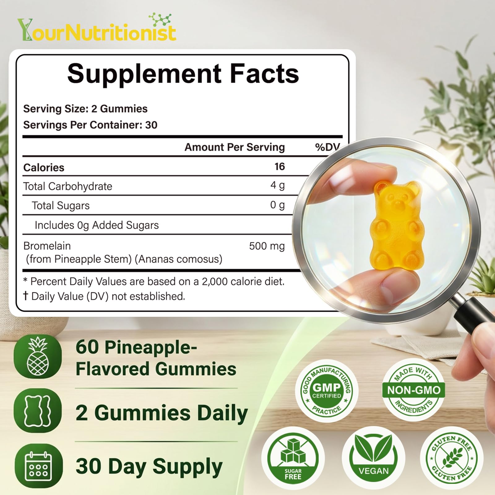 Your Nutritionist comparación de tamaño de una gomita para dosificación visual