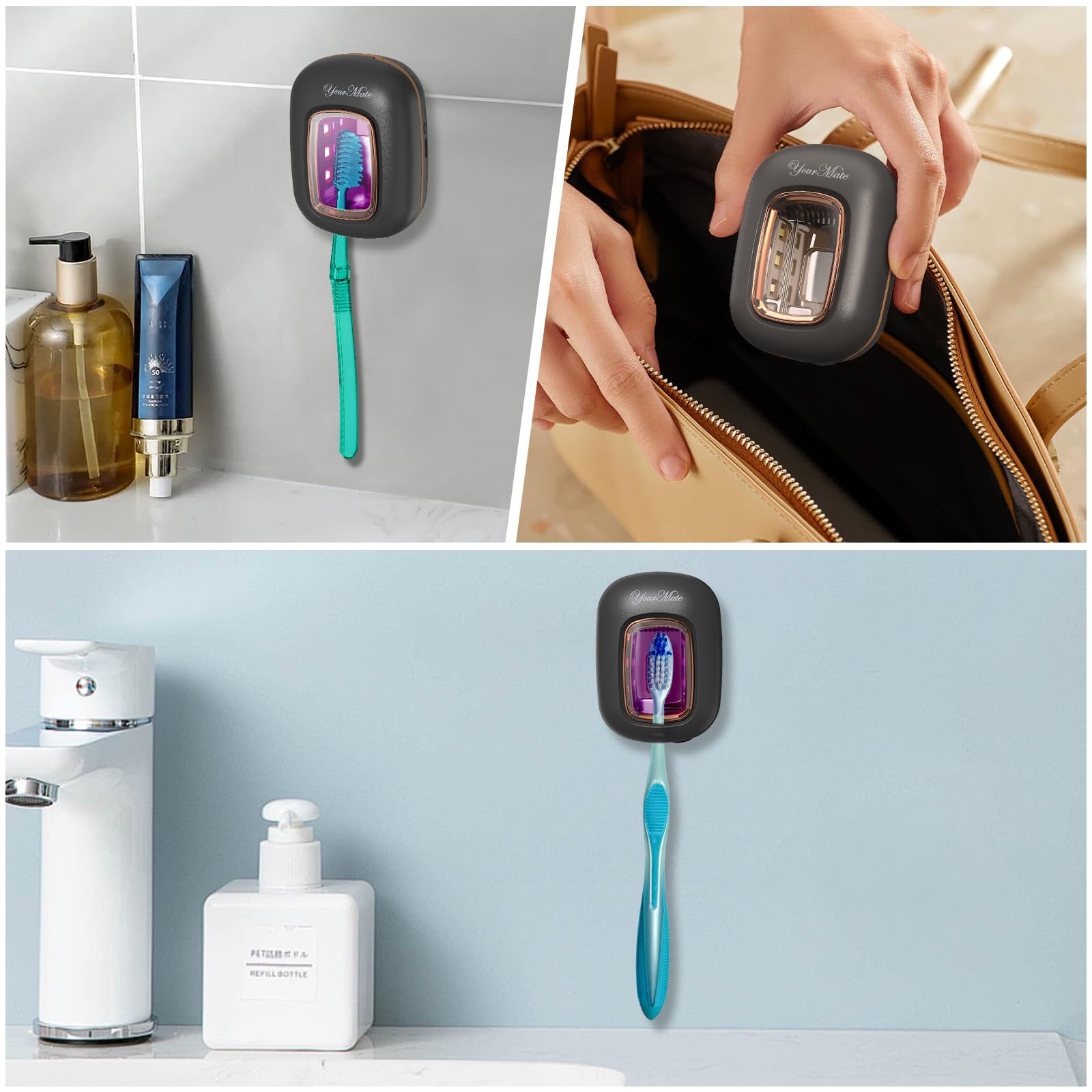 Estuche YourMate junto a un cepillo para comparar tamaño y portabilidad