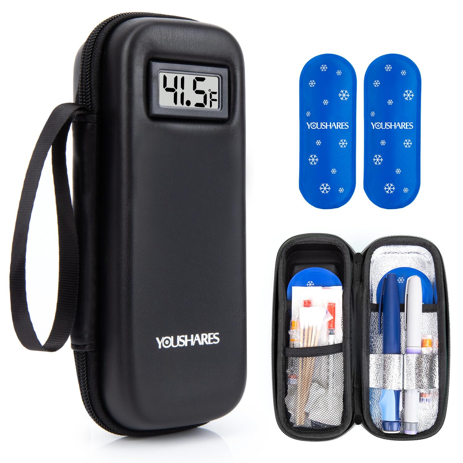 YOUSHARES estuche frontal mostrando diseño compacto y cierre seguro