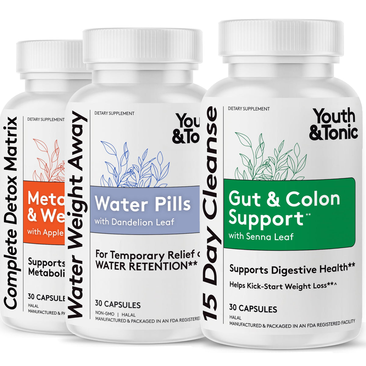 Youth & Tonic pack frontal mostrando los tres frascos y beneficio de limpieza