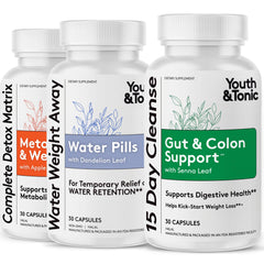 Youth & Tonic pack frontal mostrando los tres frascos y beneficio de limpieza