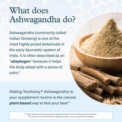 Youtheory Ashwagandha botella abierta con cápsulas visibles, práctico y portable