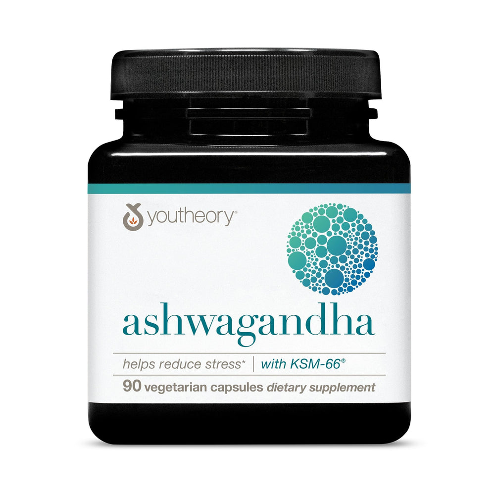 Youtheory Ashwagandha frontal del envase mostrando diseño y dosis, aporta confianza