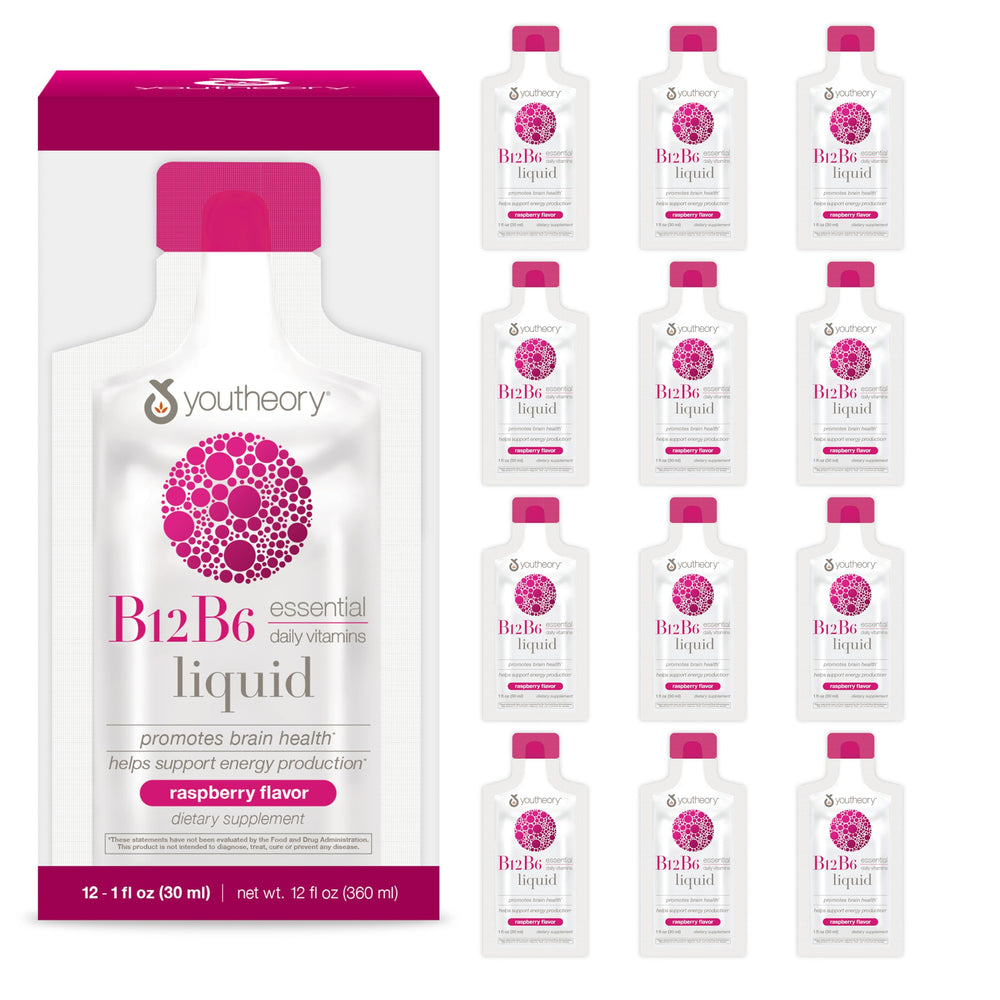 Youtheory B12 B6 daily energy bottle with on-the-go packets for easy use.