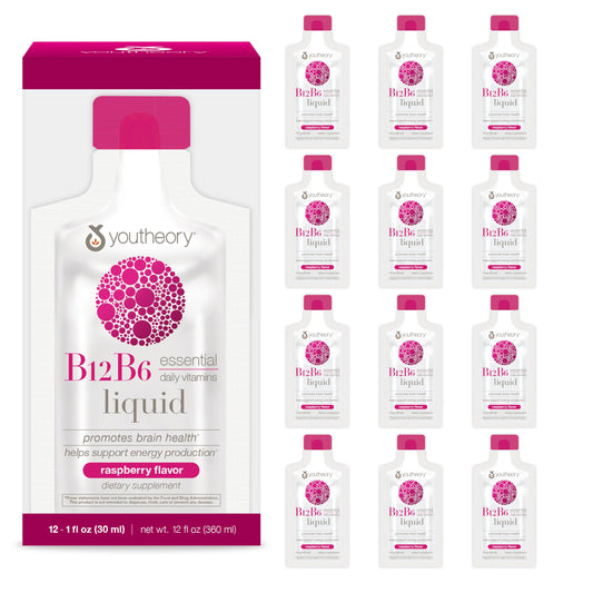 Youtheory B12 B6 daily energy bottle with on-the-go packets for easy use.