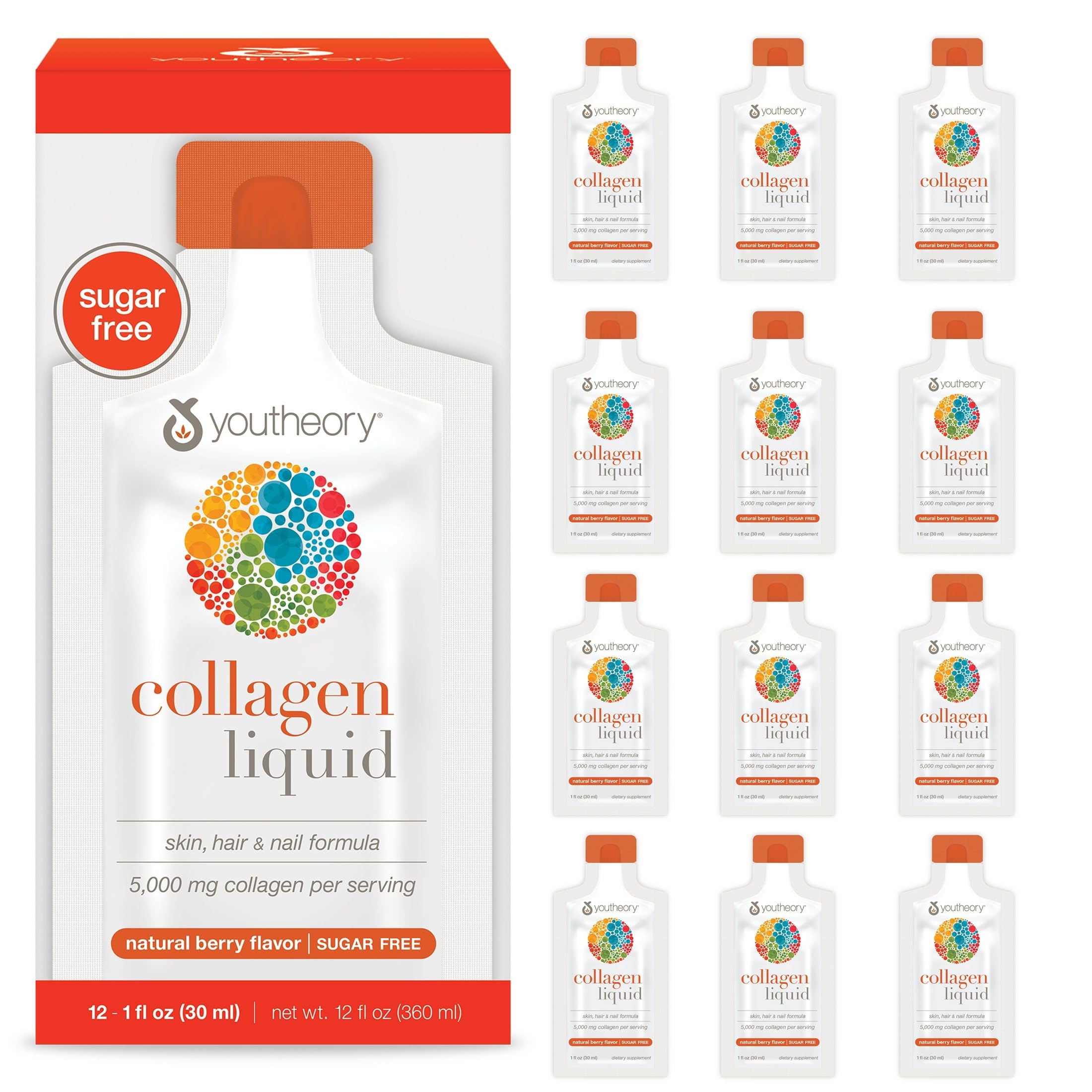 Youtheory Collagen Liquid presentación frontal mostrando sobres individuales y beneficio de conveniencia