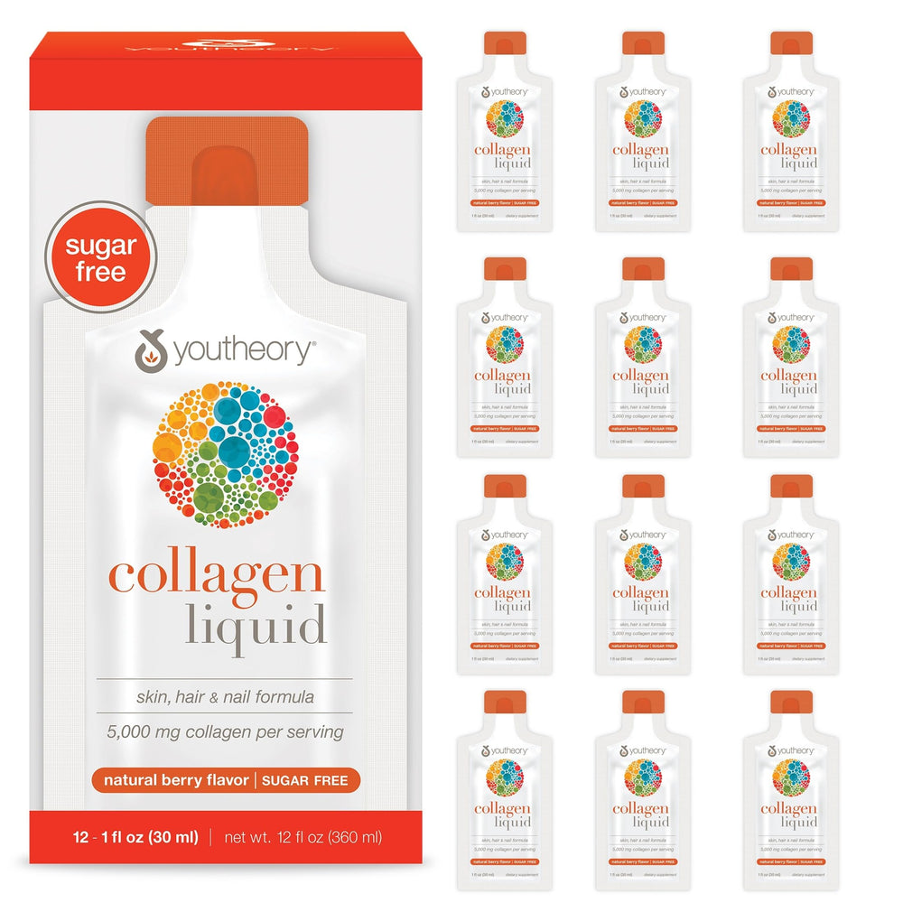 Youtheory Collagen Liquid presentación frontal mostrando sobres individuales y beneficio de conveniencia