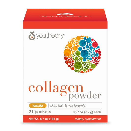 Youtheory colágeno en polvo vainilla, enfoque en paquetes para uso diario.