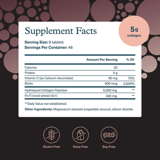 Tabletas de Youtheory Colágeno, primer plano, beneficios para cabello y uñas.