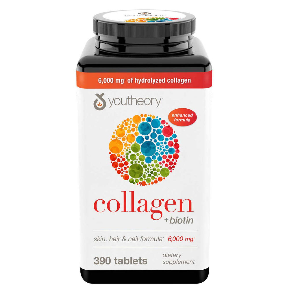 Youtheory Collagen Plus Biotin bottle on a clean counter for daily supplementation