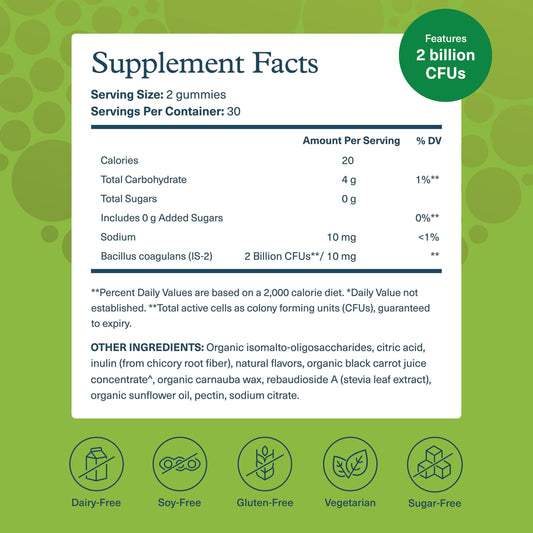 Etiqueta de Youtheory Spore Probiotic, enfoque en beneficios digestivos.