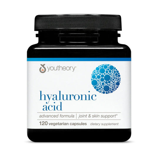 Youtheory Hyaluronic Acid Advanced: botella, enfoque en hidratación de piel y articulaciones.