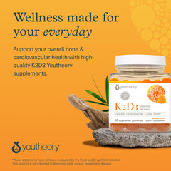 Youtheory reverso del envase con tabla nutricional y prueba de terceros