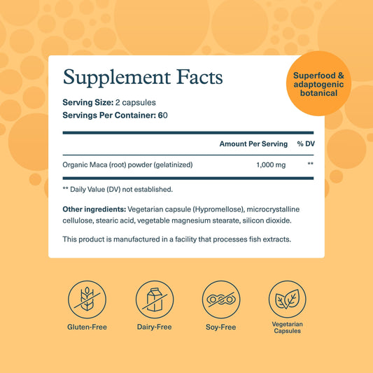 Youtheory Maca Mujeres, cápsulas visibles para energía sostenida.
