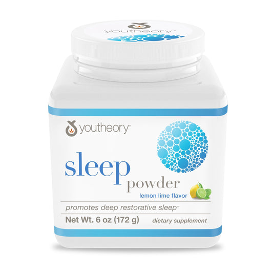 Youtheory envase frontal del polvo nocturno mostrando tamaño y marca