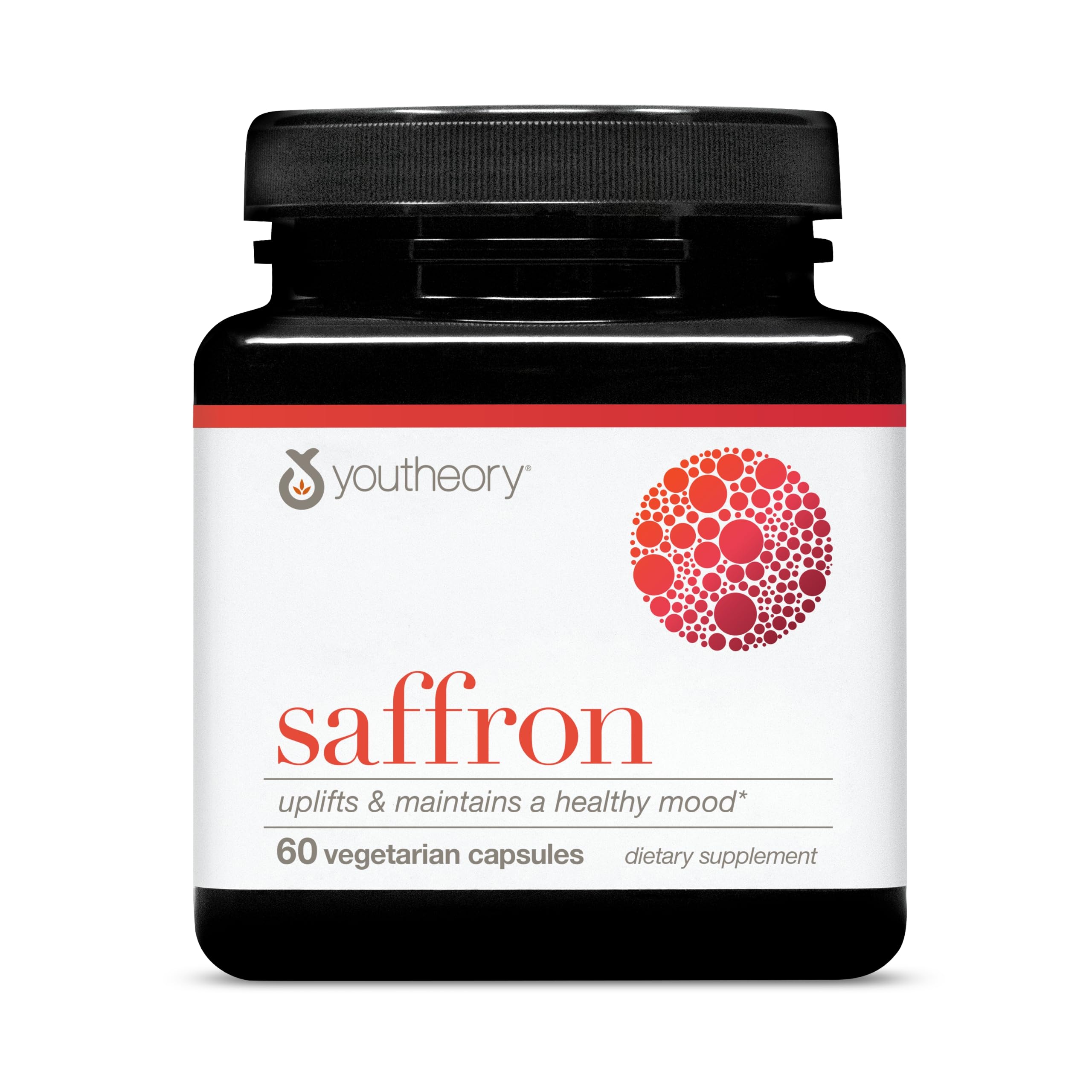 Youtheory Saffron envase frontal mostrando la etiqueta y beneficio de apoyo al ánimo