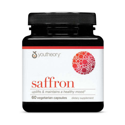 Youtheory Saffron envase frontal mostrando la etiqueta y beneficio de apoyo al ánimo