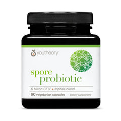 Youtheory Spore Probiotic en botella, apoyo digestivo diario y comodidad estomacal.