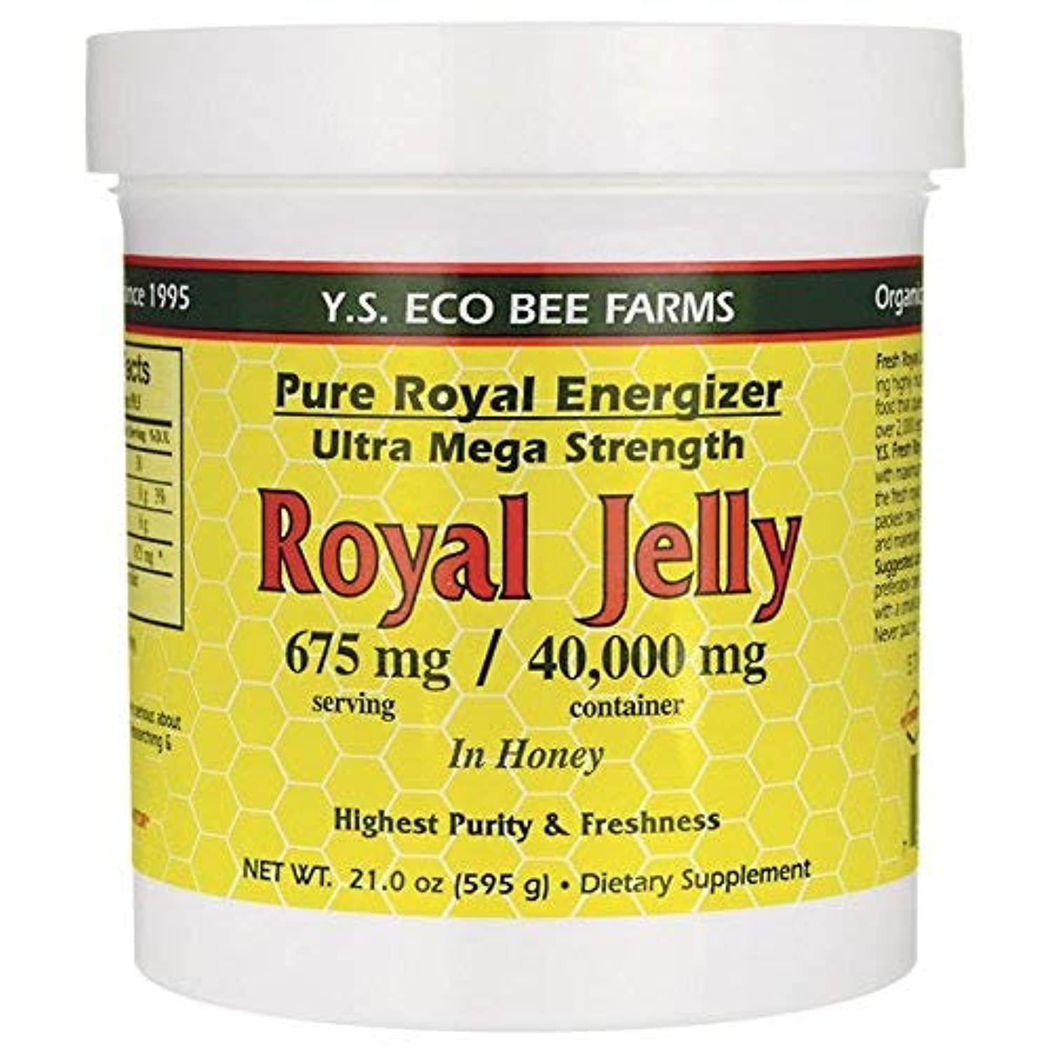 YS Royal Jelly/Honey Bee frasco frontal mostrando la etiqueta y tamaño