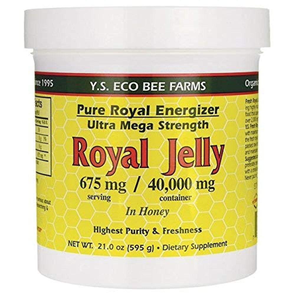 YS Royal Jelly/Honey Bee frasco frontal mostrando la etiqueta y tamaño