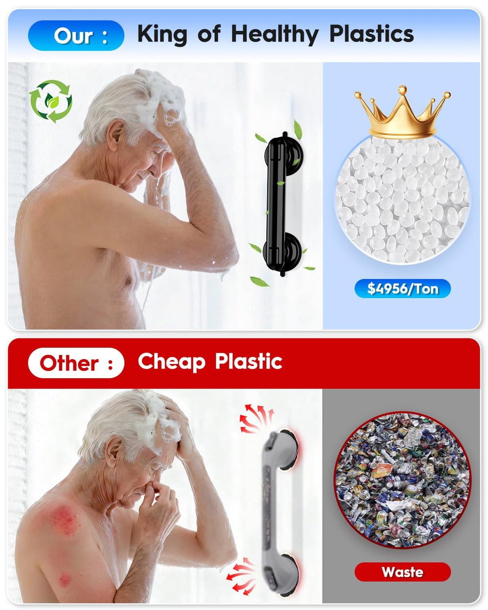 YUGUOHOME mujer apoyándose en ducha mostrando estabilidad y confianza