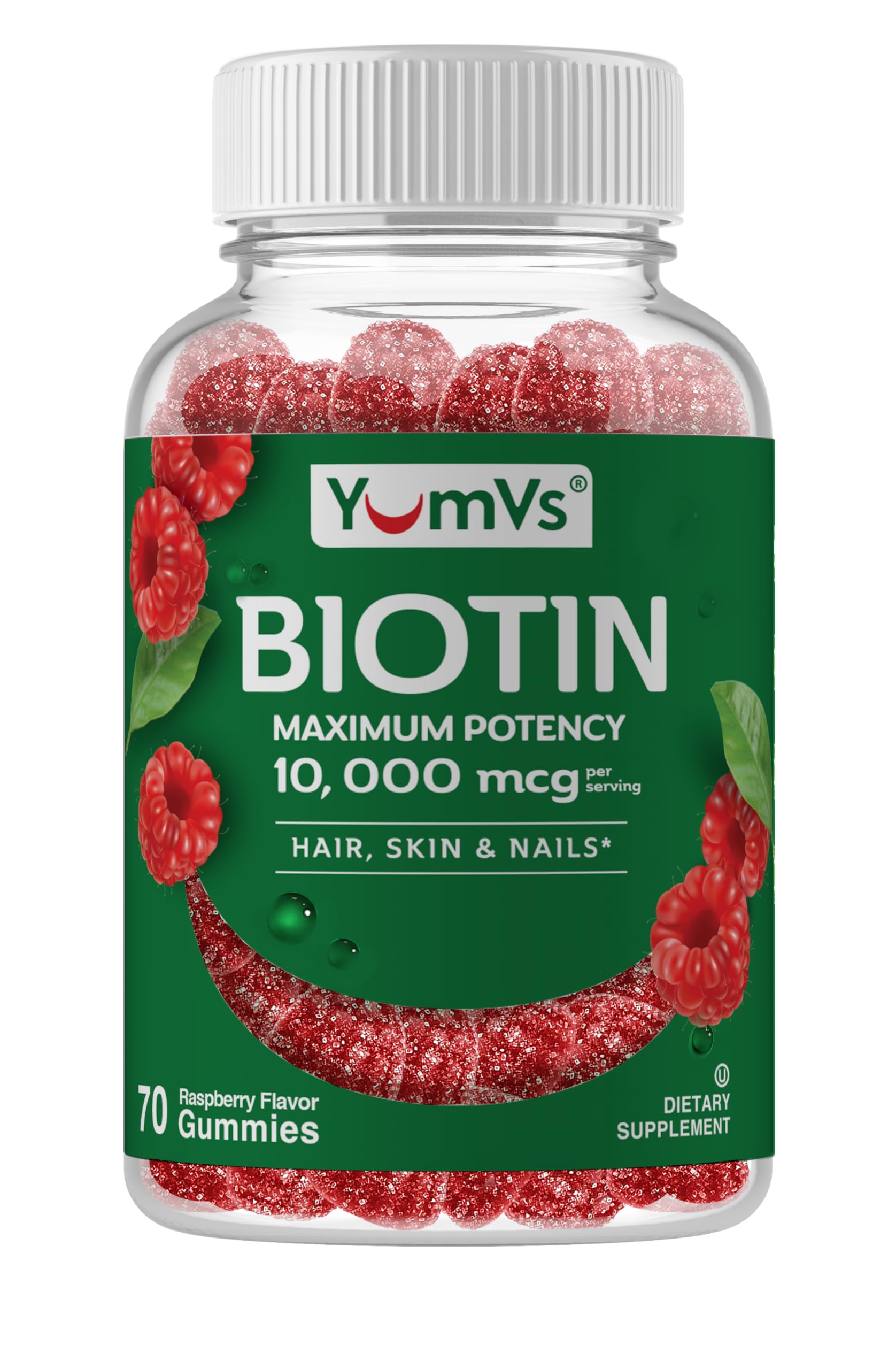 Gomitas de Biotina YUM-V'S con sabor a frambuesa para cabello saludable.