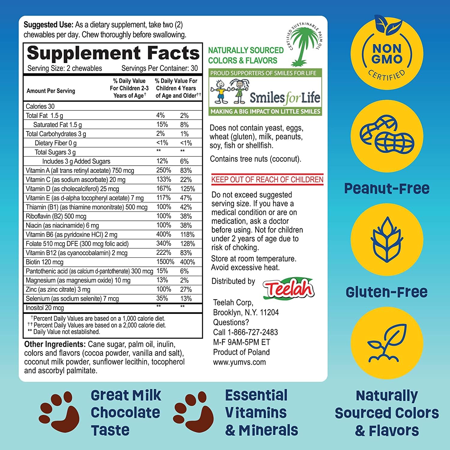 YUM-V'S etiqueta con lista de ingredientes y vitaminas, información clara para padres