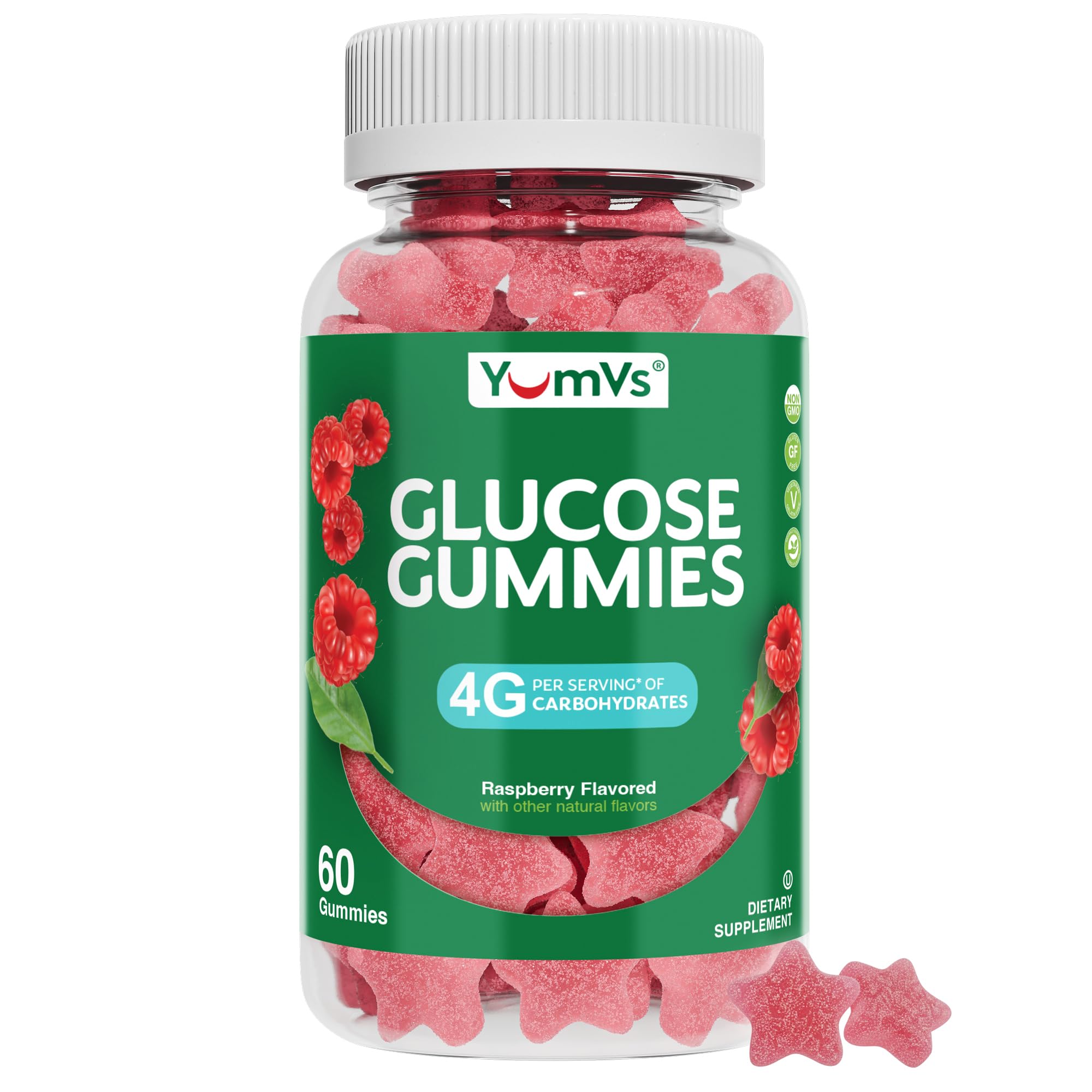 YUM-V'S botella frontal mostrando gominolas y beneficio de energía rápida