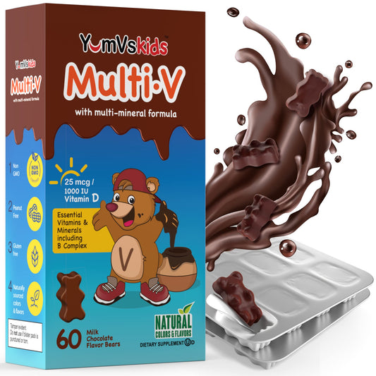 YUM-V'S ositos de chocolate para niños en caja frontal, apoyo diario de vitaminas