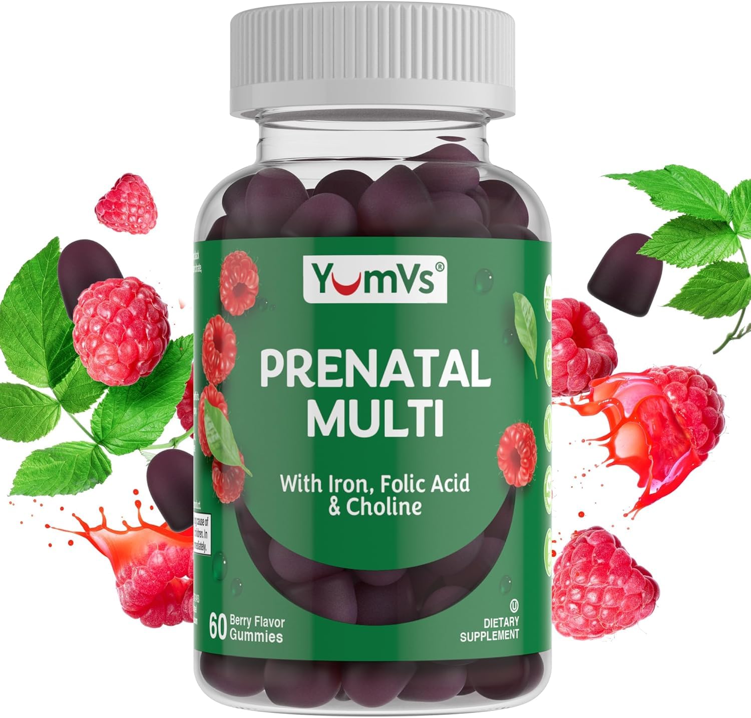YUM-V'S Prenatal gominolas envase frambuesa, nutrición conveniente para el embarazo.