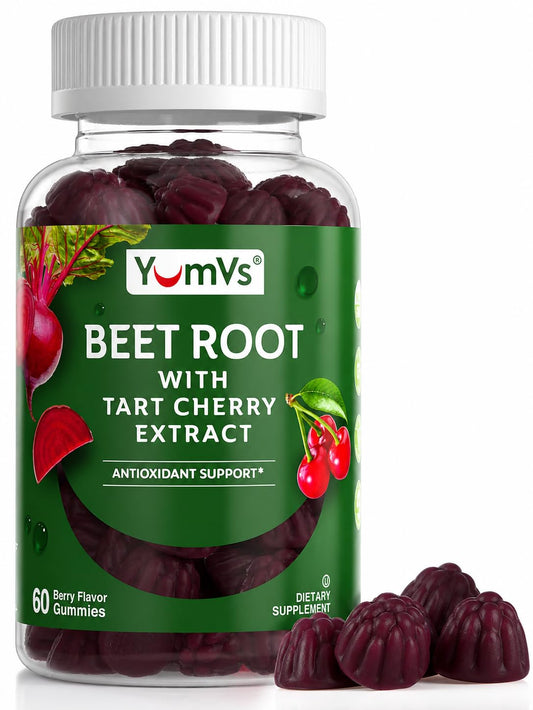 YUM-V'S frasco delantero de gomitas beet root mostrando envase y beneficio práctico