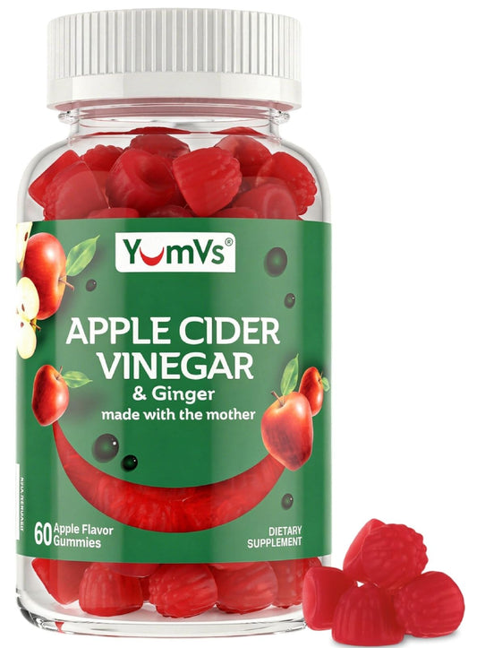 YUM-V'S frente del frasco que muestra 60 gomitas y beneficio conveniencia diaria