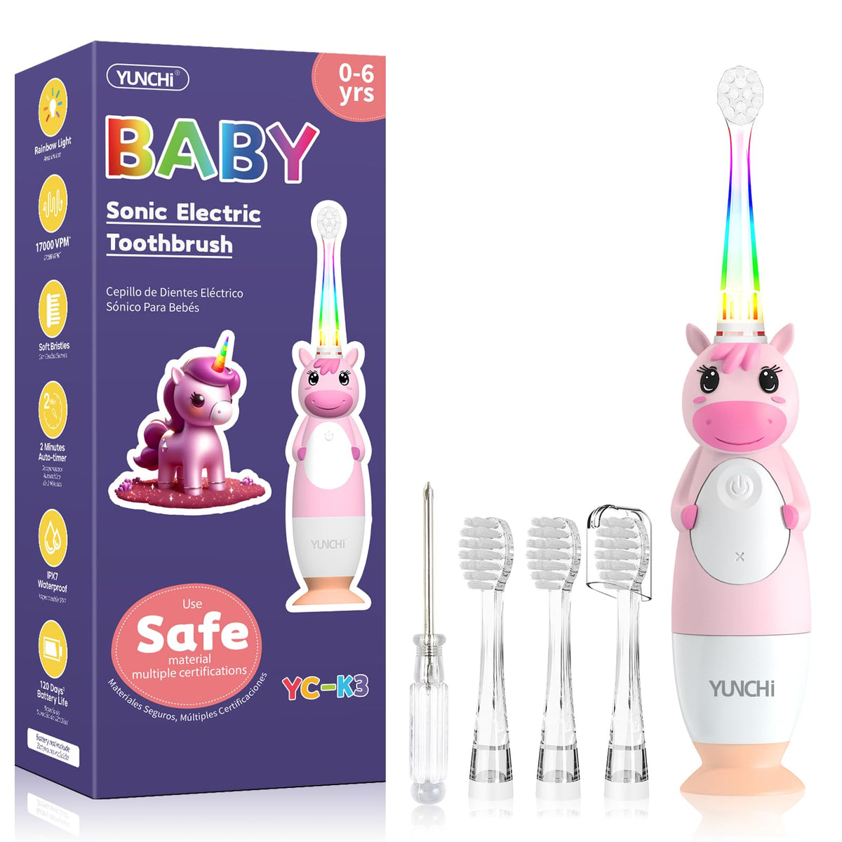YUNCHI cepillo unicornio frontal rosa, atractivo para niños