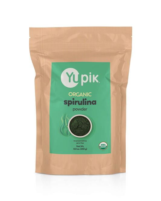 Yupik spirulina envase frontal mostrando etiqueta orgánica y beneficios
