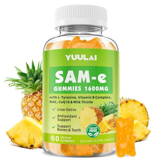 YUULAI SAM-e Gummies botella frontal destacando el formato sin azúcar para bienestar diario.