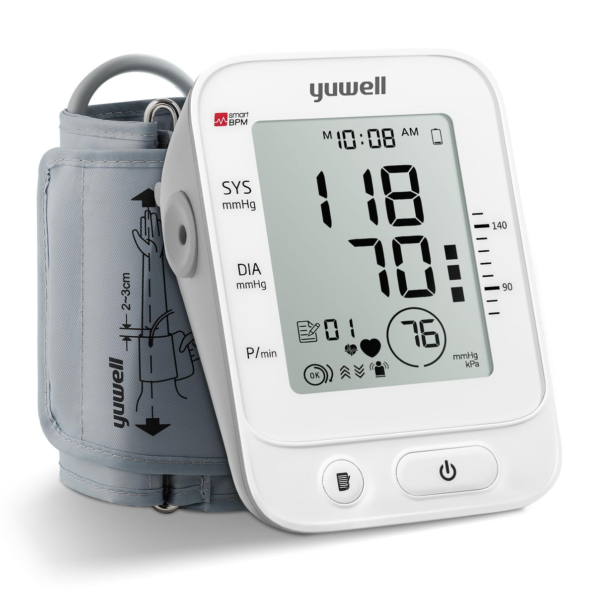 yuwell vista frontal con display grande y botones, facilita lectura rápida