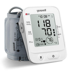 yuwell vista frontal con display grande y botones, facilita lectura rápida