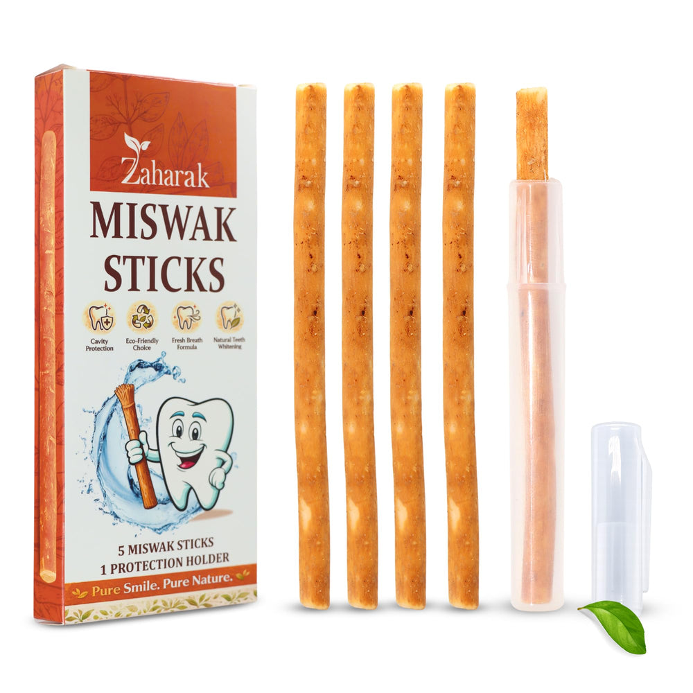 ZAHARAK pack frontal mostrando los 5 palitos miswak y soporte práctico