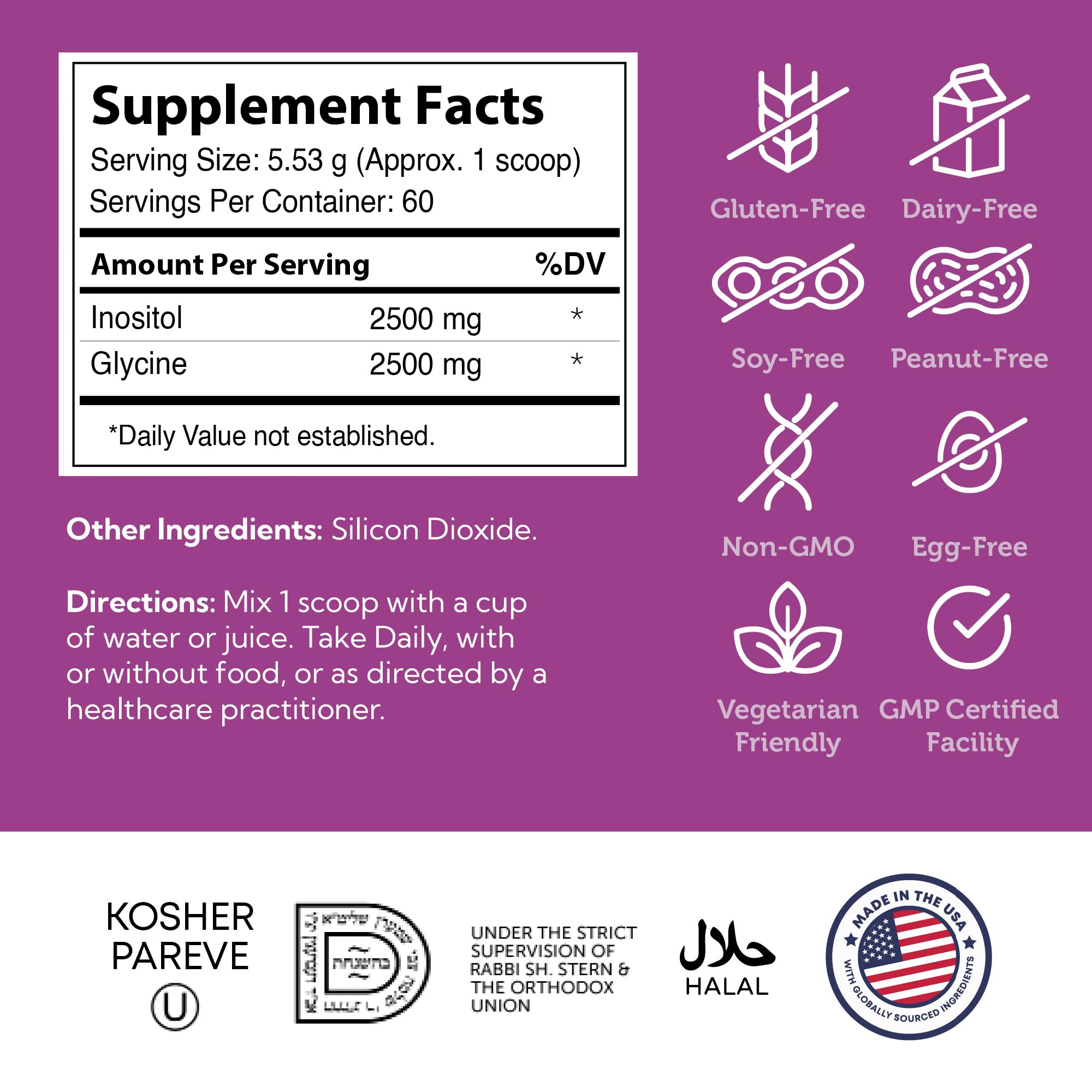 Zahler etiqueta nutricional del polvo inositol mostrando ingredientes clave