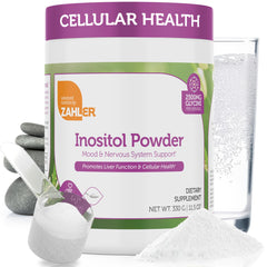 Zahler frasco frontal del polvo inositol mostrando su tamaño y envase