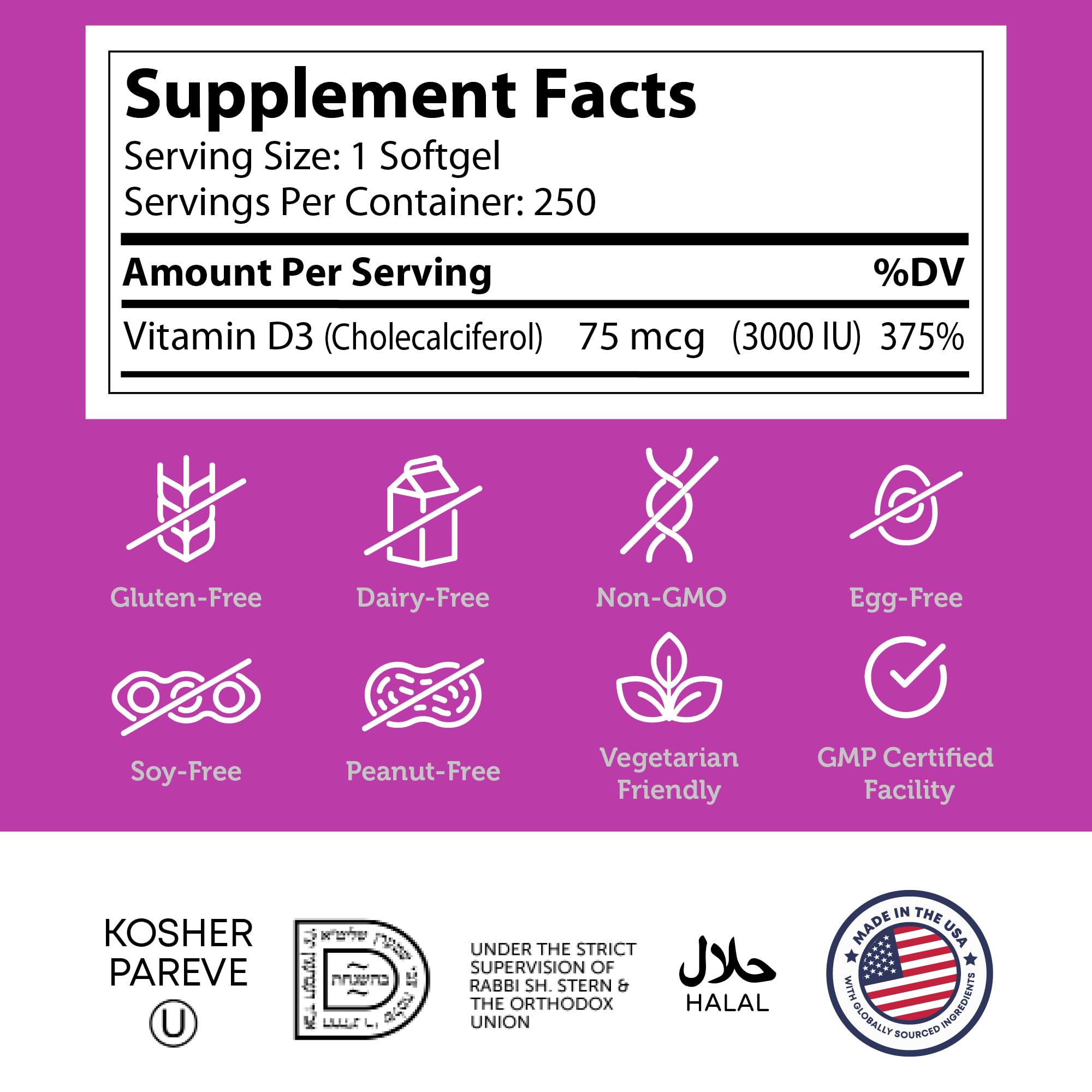 Etiqueta nutricional de Zahler Vitamin D3 3000 IU con información clara de ingredientes