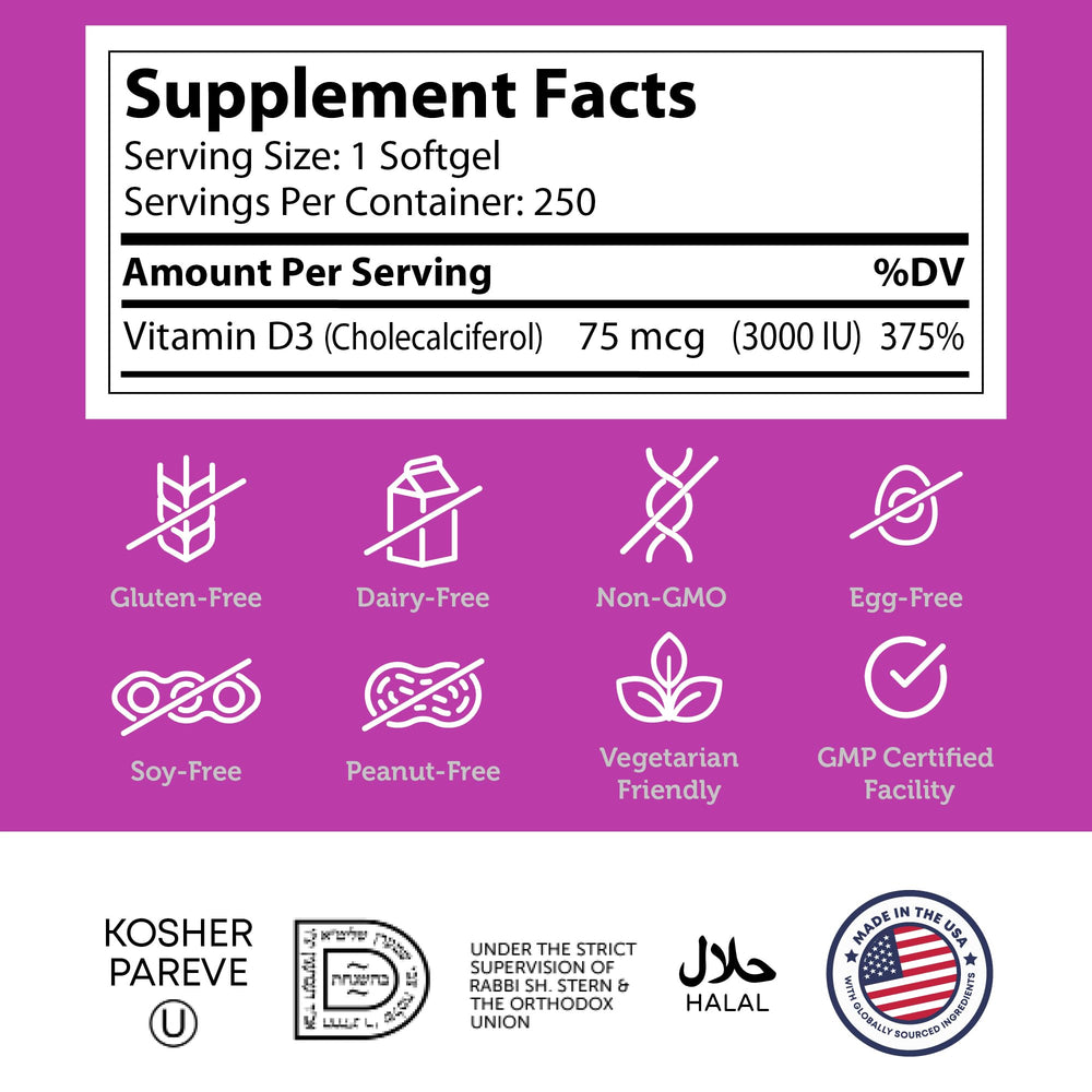 Etiqueta nutricional de Zahler Vitamin D3 3000 IU con información clara de ingredientes
