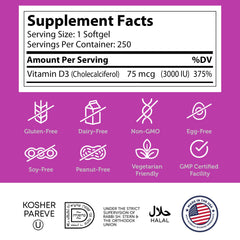 Etiqueta nutricional de Zahler Vitamin D3 3000 IU con información clara de ingredientes