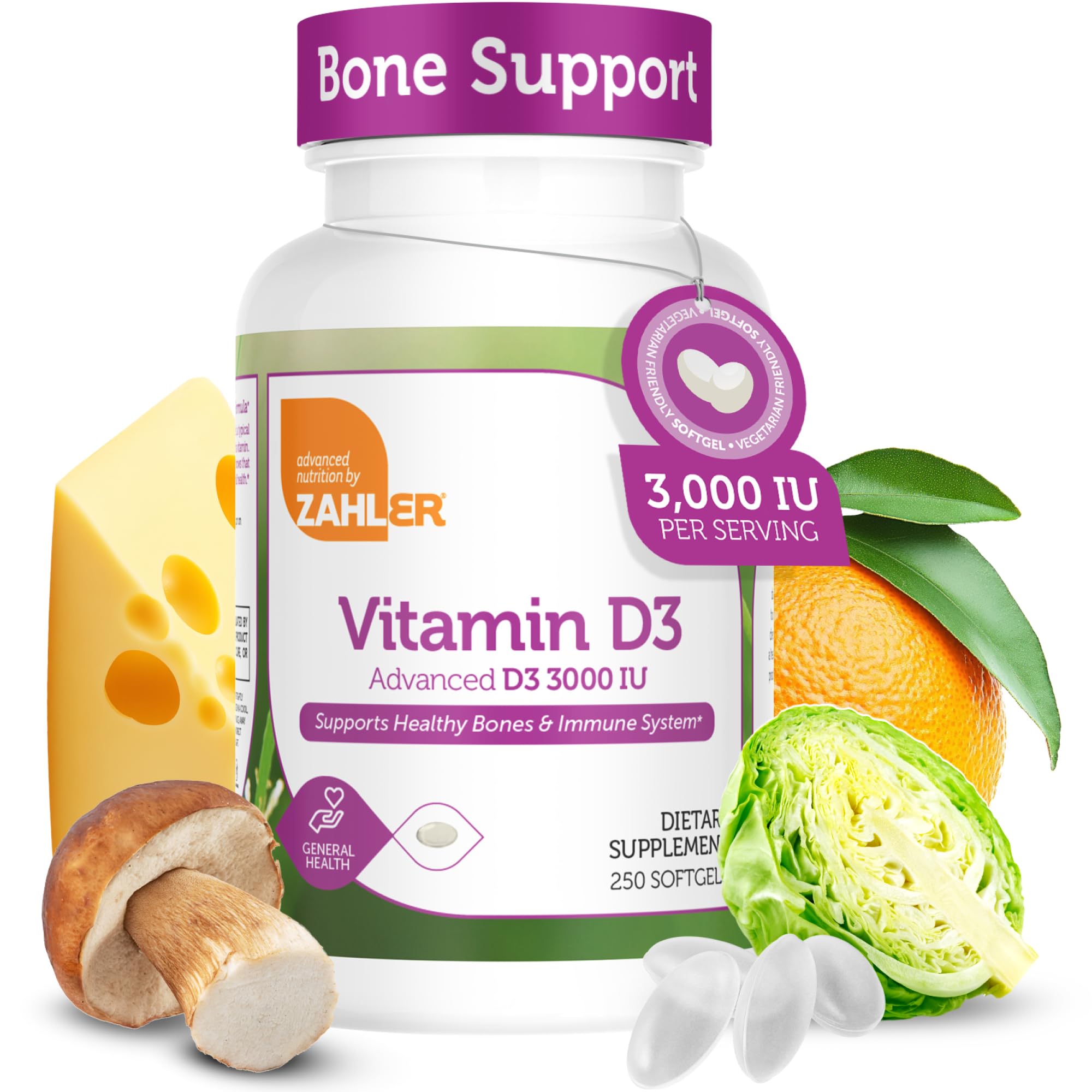 Zahler Vitamin D3 frasco frontal mostrando 250 softgels y certificación Kosher para confianza