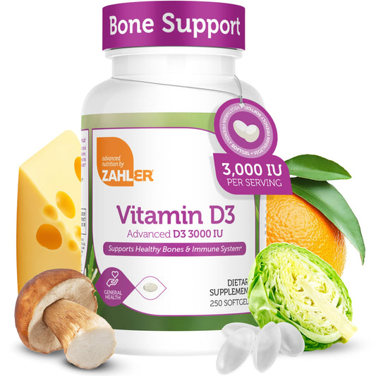 Zahler Vitamin D3 frasco frontal mostrando 250 softgels y certificación Kosher para confianza