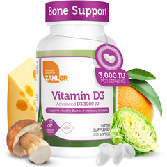 Zahler Vitamin D3 frasco frontal mostrando 250 softgels y certificación Kosher para confianza