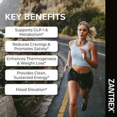 botella Zantrex Black abierta con softgels visibles para dosificación conveniente