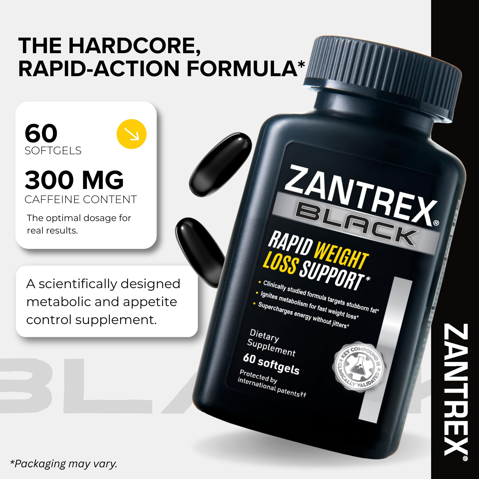 Cápsulas Zantrex Black en primer plano para apreciar textura y forma