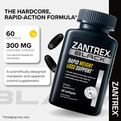 Cápsulas Zantrex Black en primer plano para apreciar textura y forma